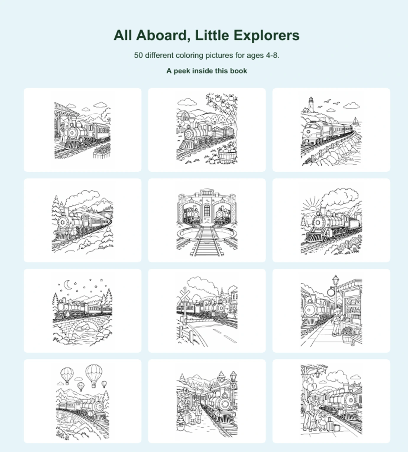 Twelve actual coloring pictures from All Aboard, Little Explorers