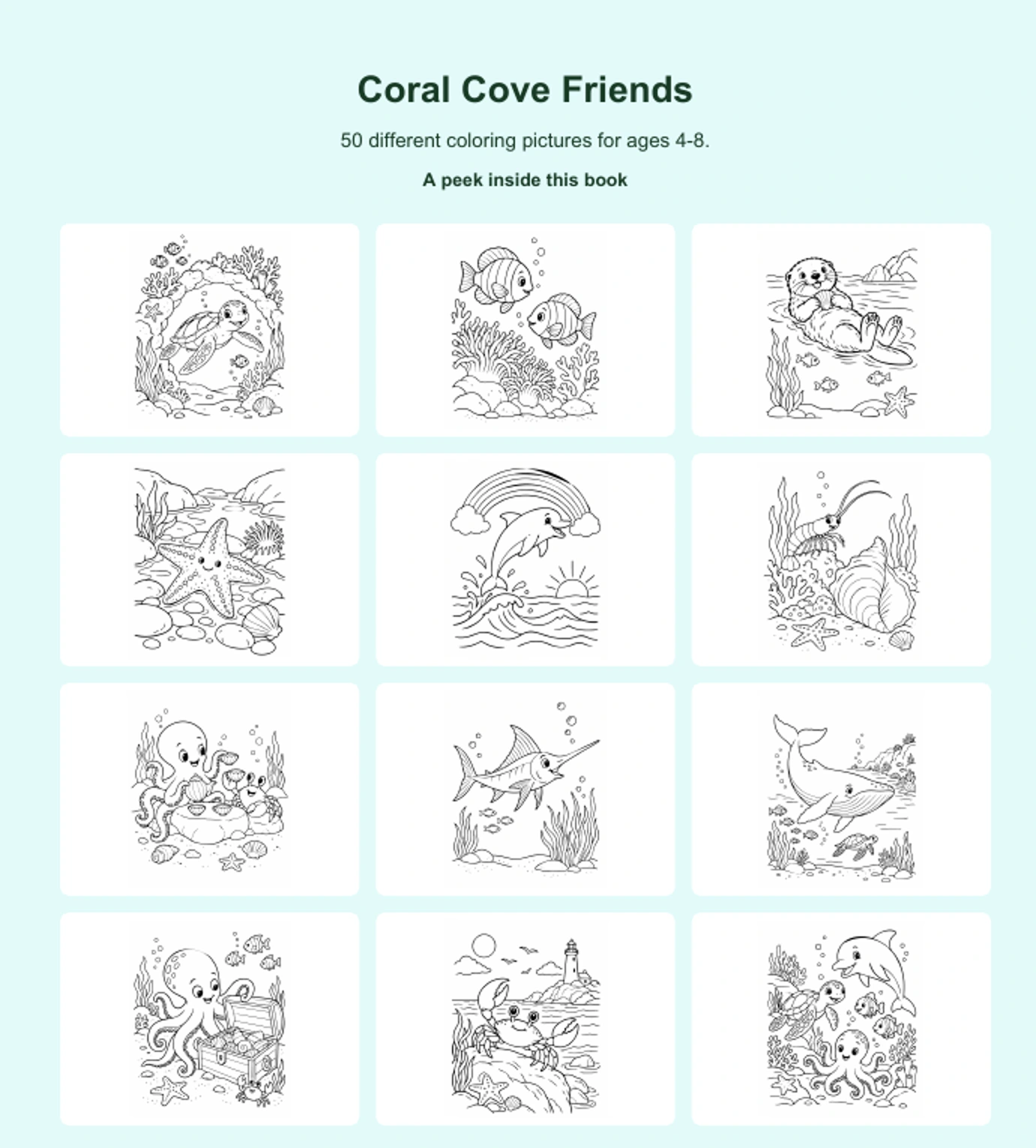 Twelve actual coloring pictures from Coral Cove Friends