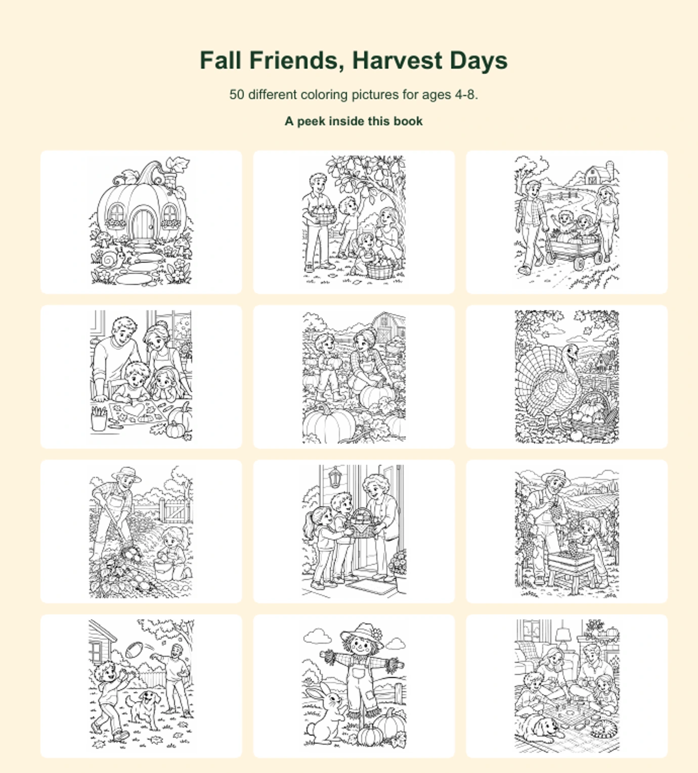 Twelve actual coloring pictures from Fall Friends, Harvest Days