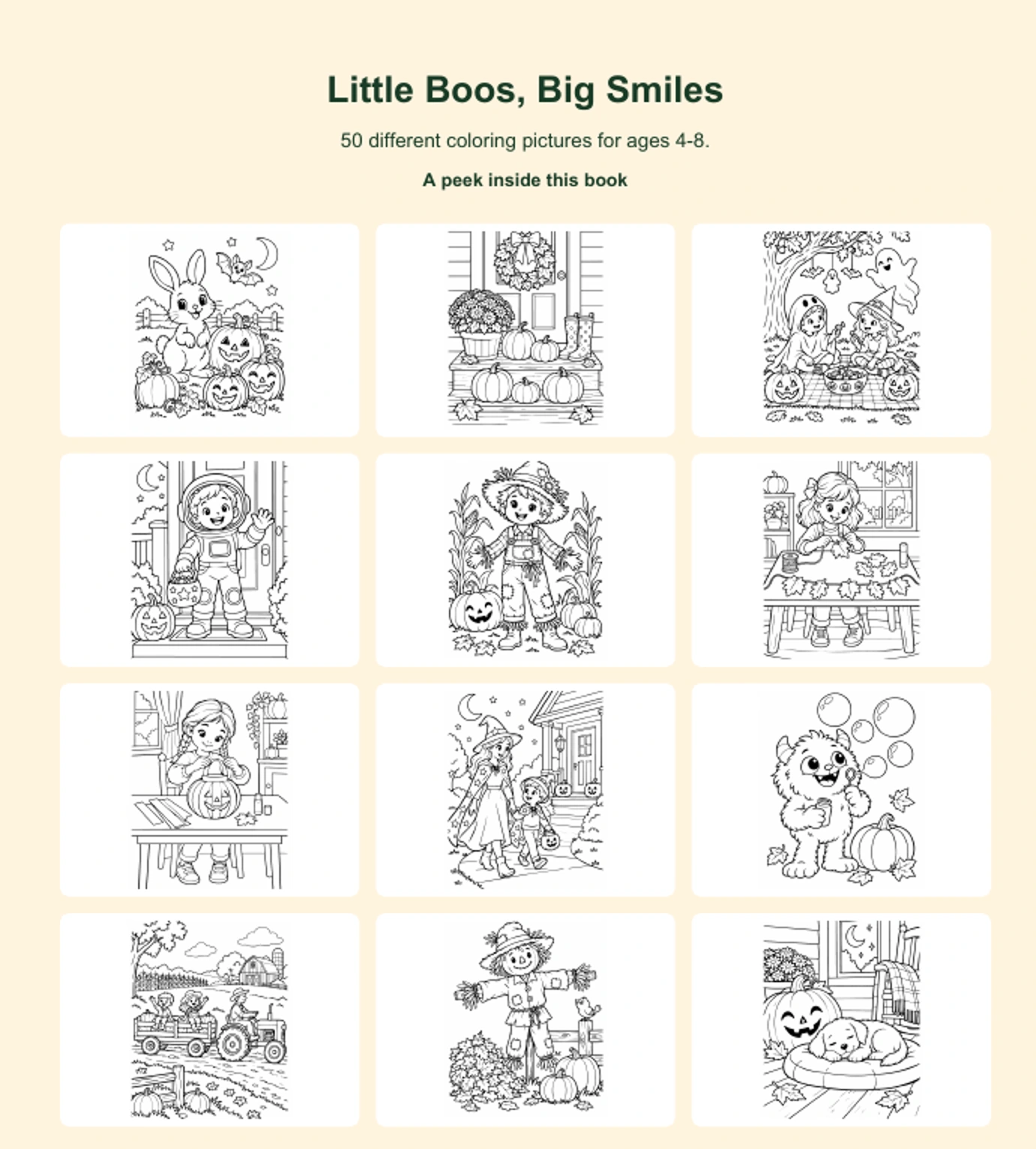 Twelve actual coloring pictures from Little Boos, Big Smiles