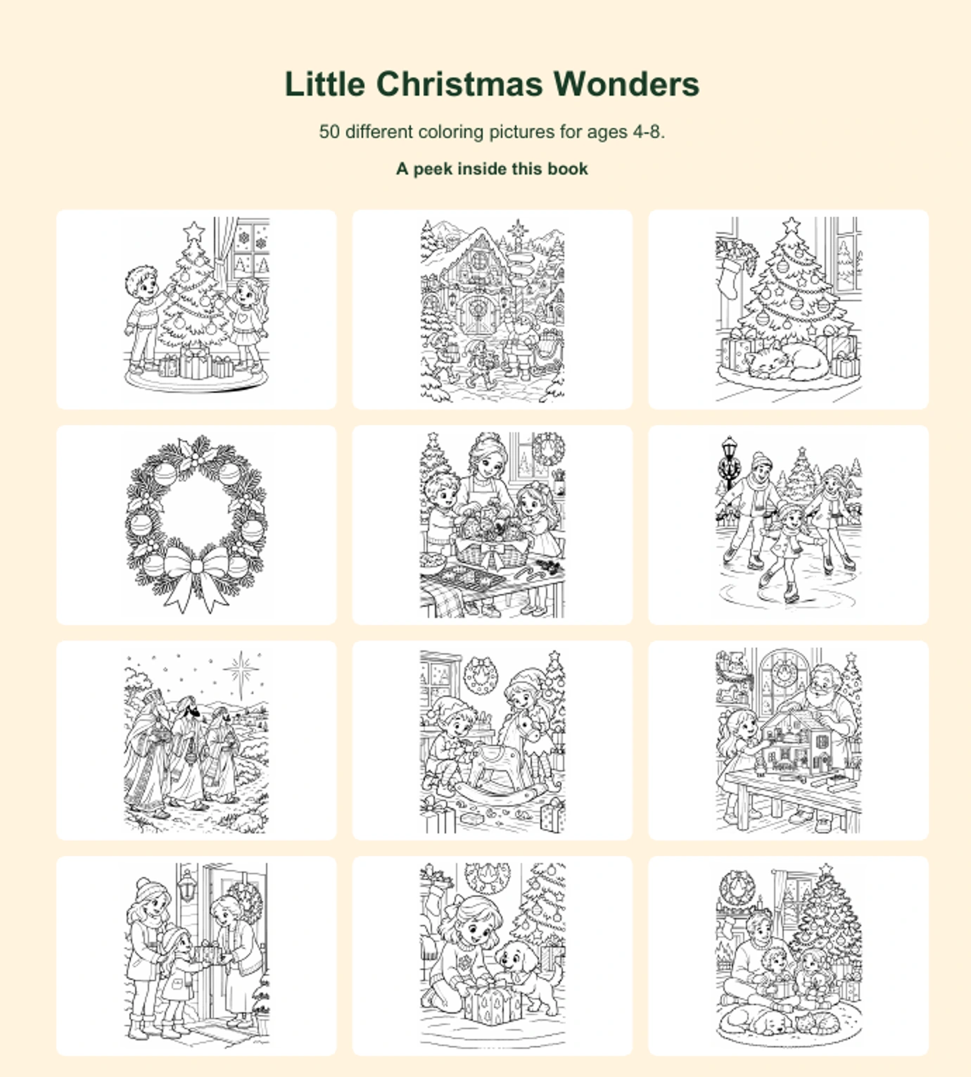 Twelve actual coloring pictures from Little Christmas Wonders