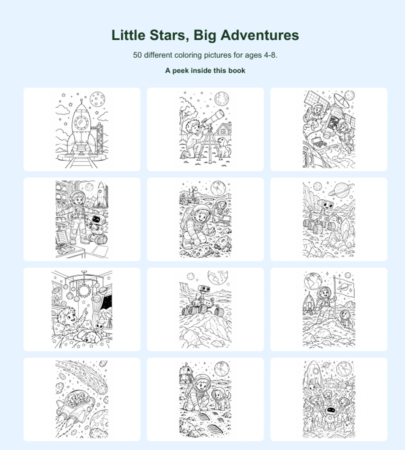 Twelve actual coloring pictures from Little Stars, Big Adventures