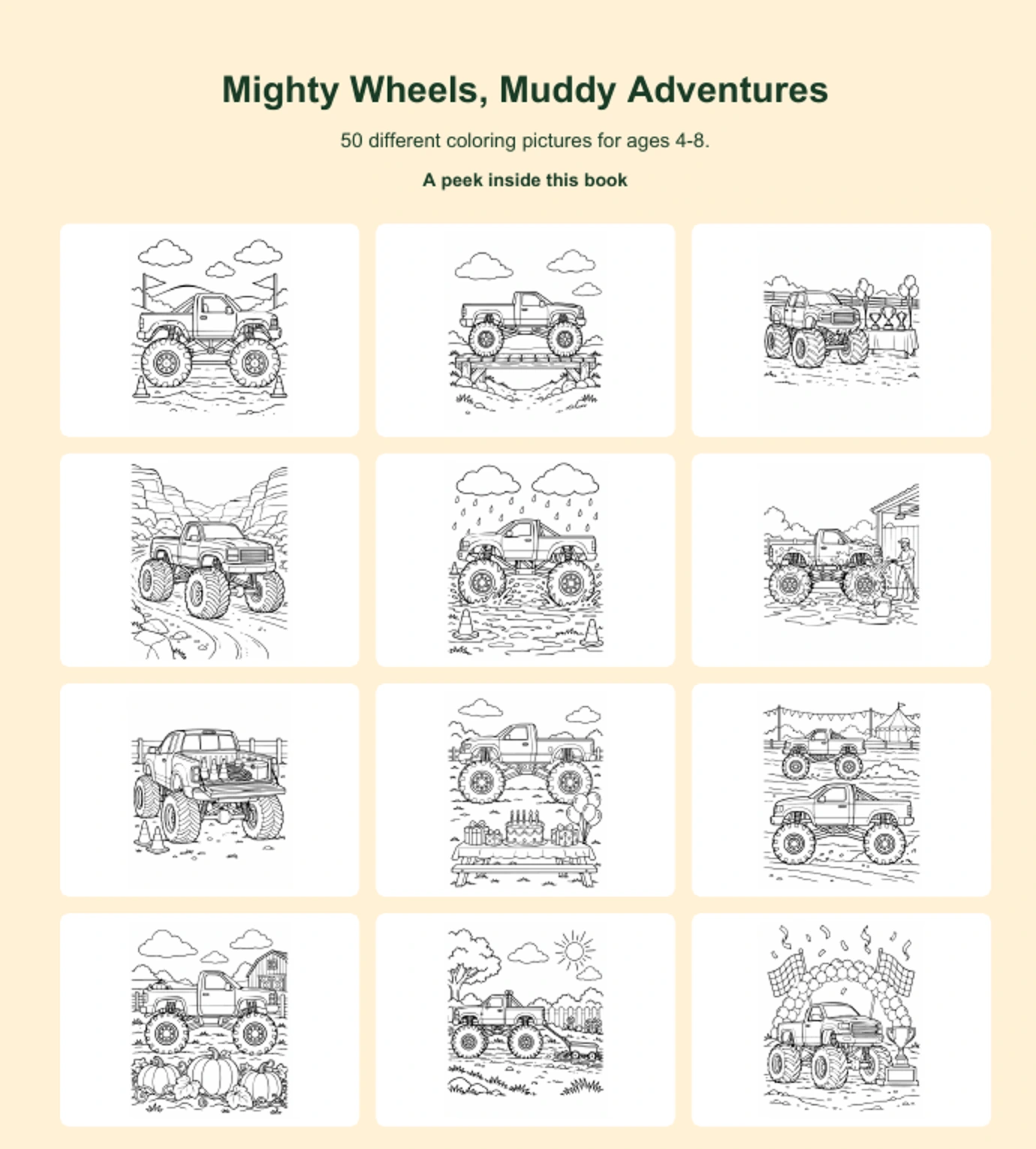 Twelve actual coloring pictures from Mighty Wheels, Muddy Adventures