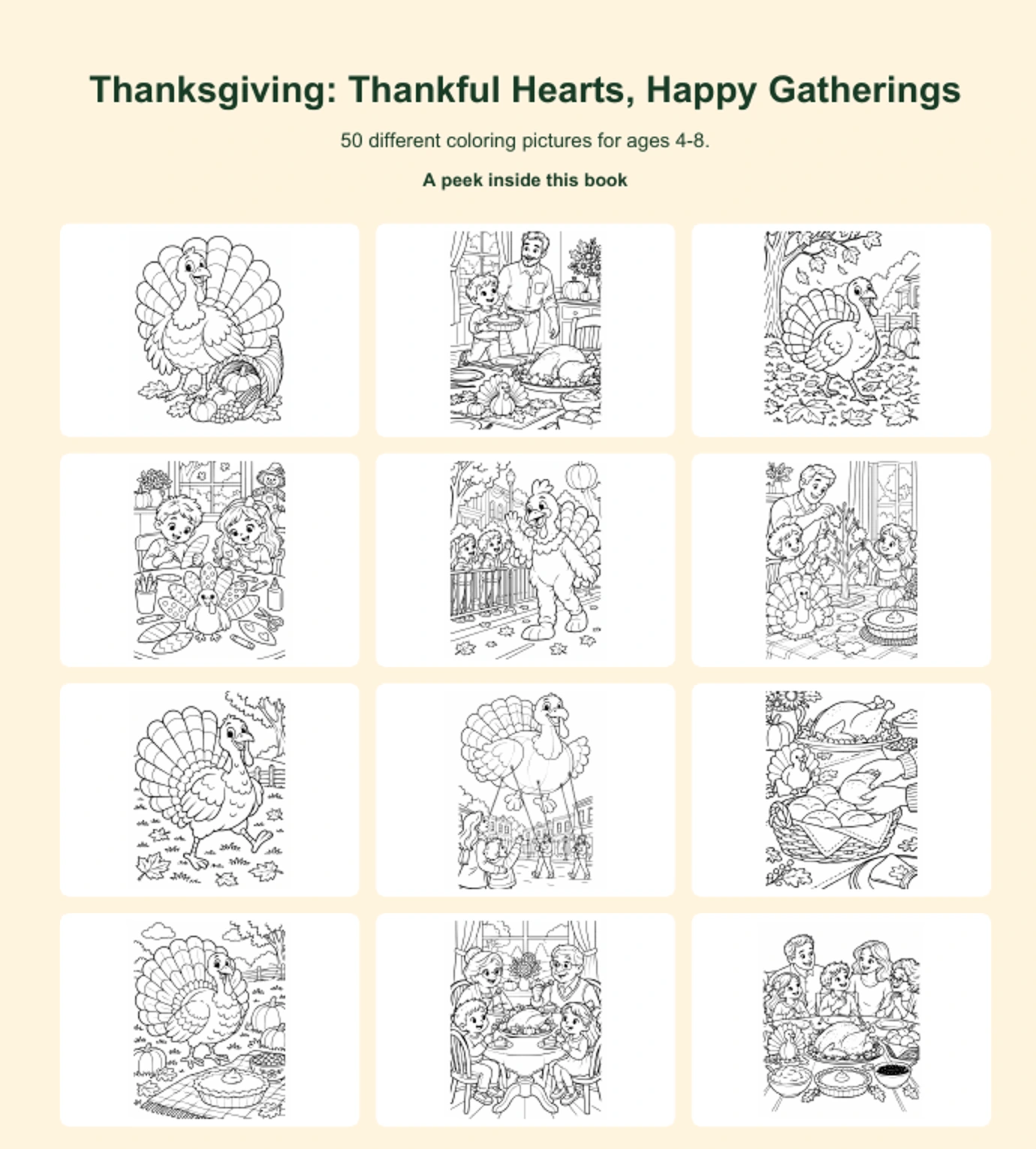 Twelve actual coloring pictures from Thanksgiving: Thankful Hearts, Happy Gatherings