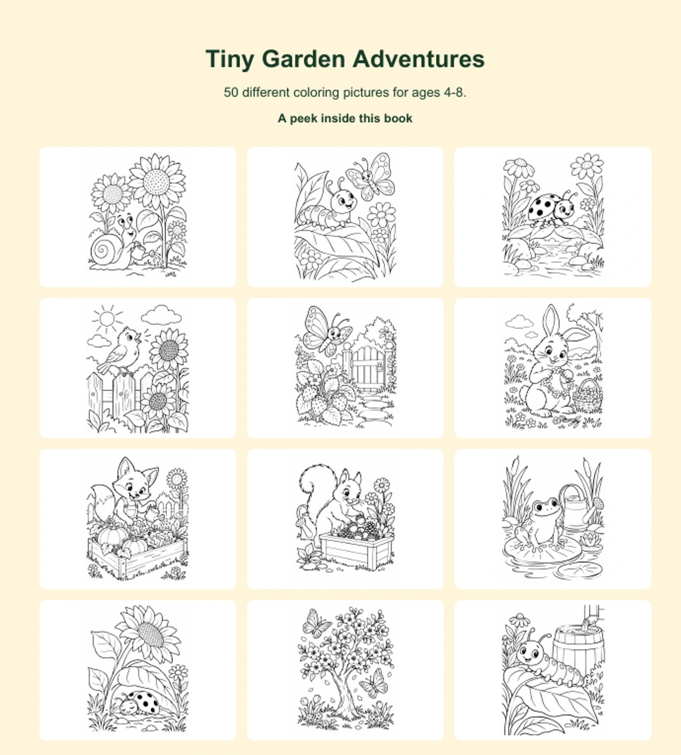 Twelve actual coloring pictures from Tiny Garden Adventures